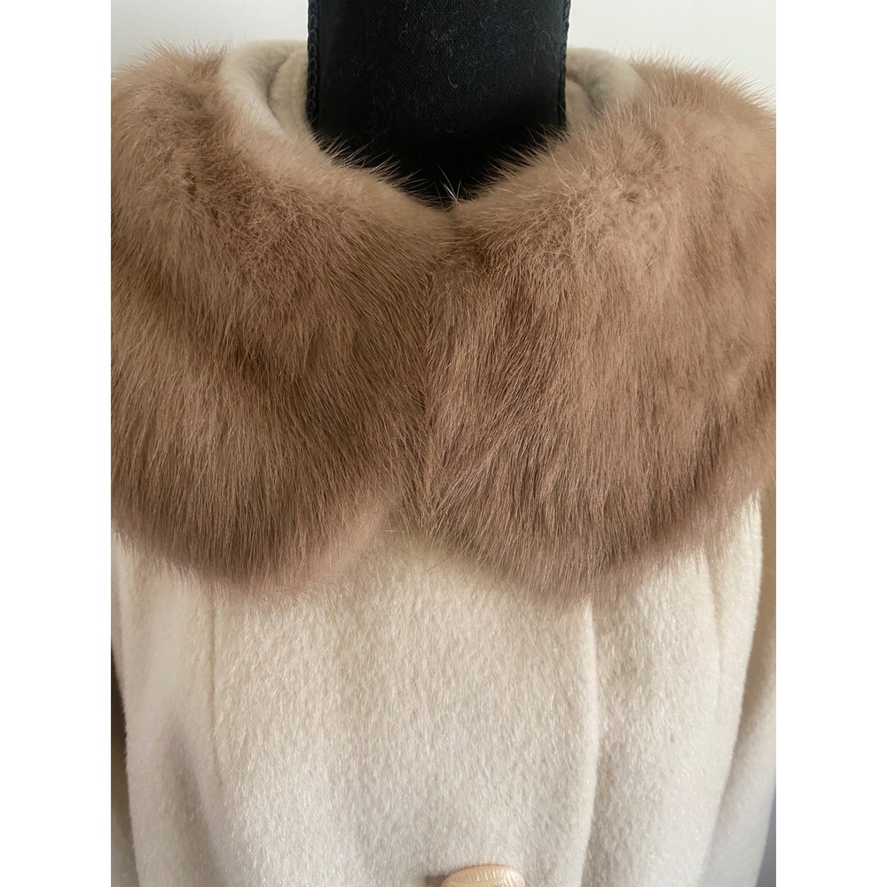 Vintage Cream Wool Coat Real Mink Fur Collar Mid-Century Modern Button Front L - Picture 3 of 16